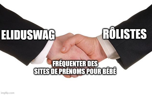 deux mains, "eliduswag" et "rôlistes" se serrant pour s'unir sur "fréquenter des sites de prénoms pour bébé"