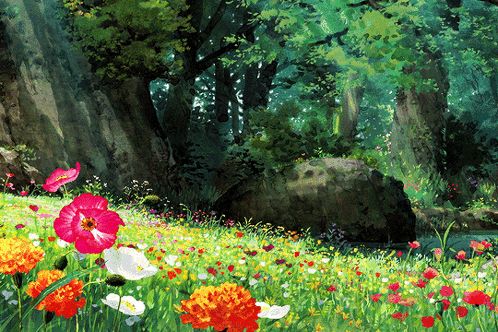 a painting of a lush green forest with flowers and trees