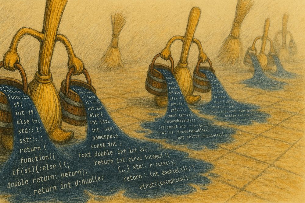Brooms carrying pales of source code, spilling onto the floor