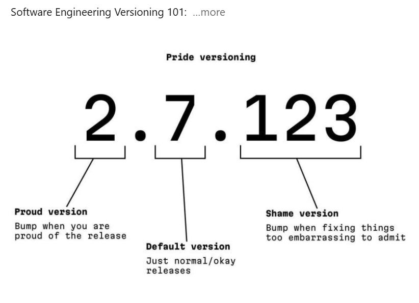 Pride versioning
2.7.123
2=Bump if you’re proud of this release 
7=Bump for normal/okay releases
123=Shame version; things too embarrassing to admit