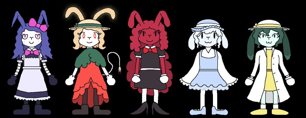 soupie is a purple rabbot with a maid outfit
celly is a yellow rabbot with a green and red outfit and a big sun hat
R is a red slime rabbit with a black outfit
eery is a light-blue slime rabbit with white and blue outfit
clovalie is a greenish rabbit with a lab coat and a yellow outfit