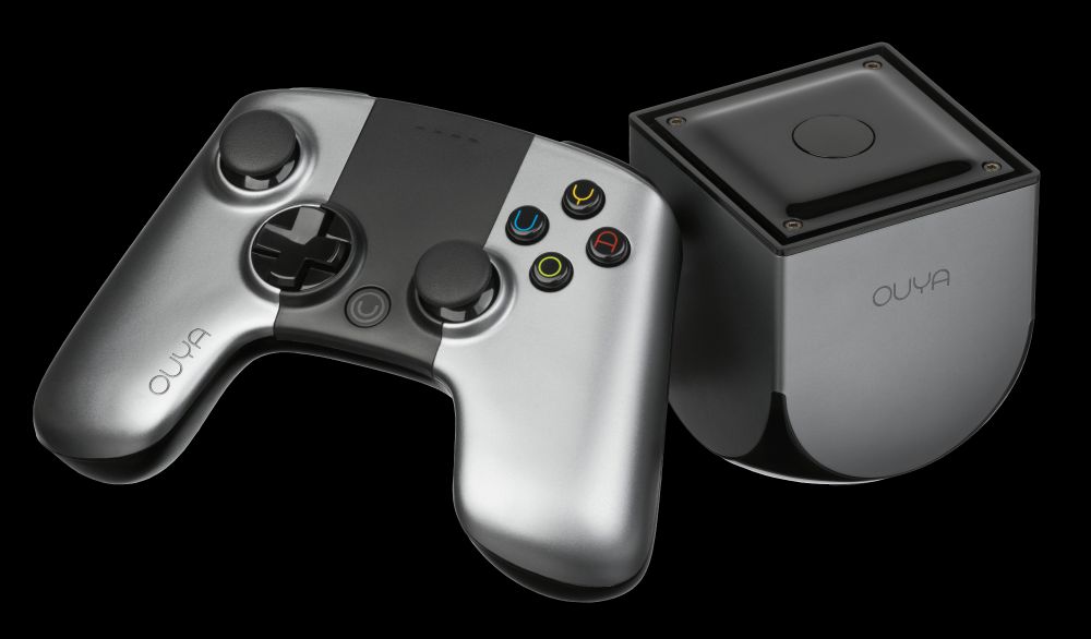 Image of the console Ouya and its controller. 