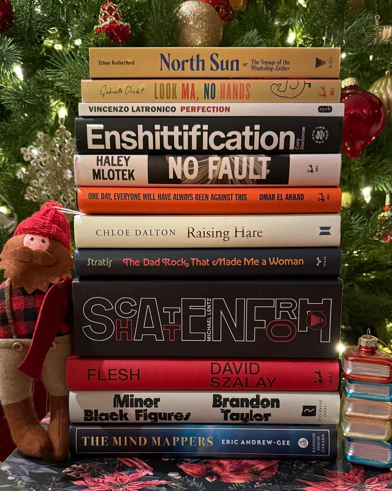 1. North Sun: or The Voyage of the Whaleship Esther - Ethan Rutherford
2. Look Ma, No Hands - Gabrielle Drolet 
3. Perfection - Vincenzo Latronico
4. Enshittification - Cory Doctorow 
5. No Fault - Haley Mlotek
6. One Day Everyone Will Have Always Been Against This - Omar El Akkad 
7. Raising Hare - Chloe Dalton
8. The Dad Rock That Made Me a Woman - Niko Stratis 
9. Schattenfroh - Michael Lentz
10. Flesh - David Szalay 
11. Minor Black Figures - Brandon Taylor 
12. The Mind Mappers - Eric Andrew-Gee