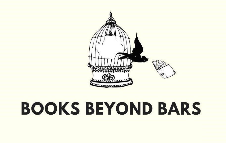 Books Beyond Bars logo. A bird breaking free from it's cage and flying towards a book.