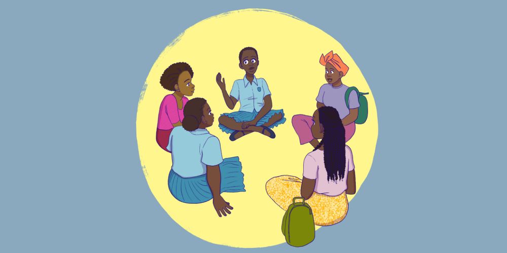 Illustration of a group of young Black women sitting in a circle in discussion.