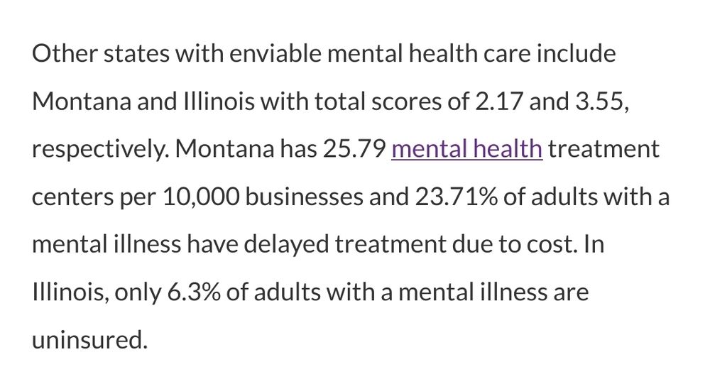 Other states with enviable mental health care include Montana and Illinois with total scores of 2.17 and 3.55, respectively. Montana has 25.79 mental health treatment centers per 10,000 businesses and 23.71% of adults with a mental illness have delayed treatment due to cost. In Illinois, only 6.3% of adults with a mental illness are uninsured.