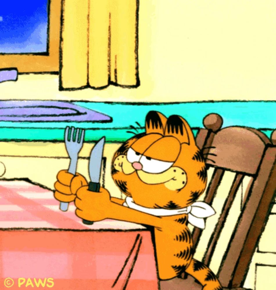 a cartoon of garfield holding a knife and fork with paws in the corner