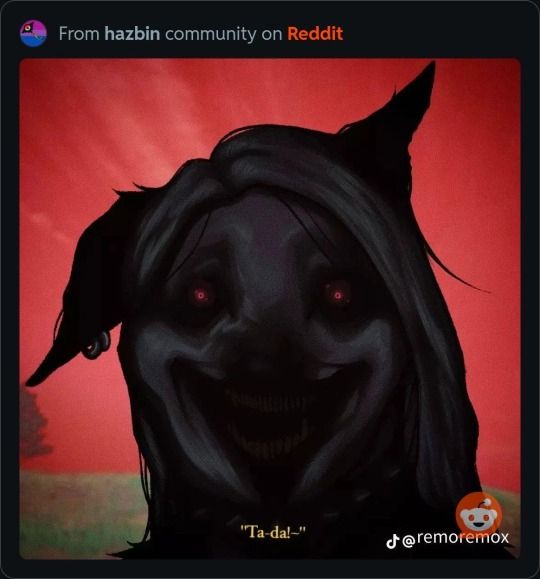 A Smile Dog version of Loona saying 'Ta-da!~' as she shows her true form to Mr Wigglers in Helluva Boss Mission: Orphan Time.