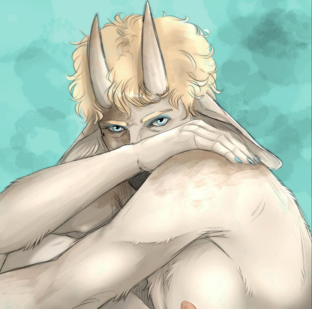 A broody, cream coloured faun male looks with an intense gaze over his arm that is crossing in front of him to hold onto his own shoulder. He has two short horns that go straight up and short curly hair.