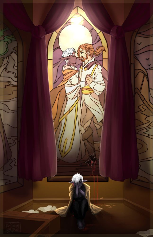 Essek Thelyss (a short drow man with short white hair) sits amongst ruined furniture and old papers with a brown coat over his shoulders crying beneath a stained glass window of him and his late husband Caleb Widogast (a pale human man with orange hair). There is a hole in the window from his fist, a slight trickle of blood from where the glass cut his knuckles. He is bare foot, disheveled and looks like he hasn't shaved/bathed in a week.