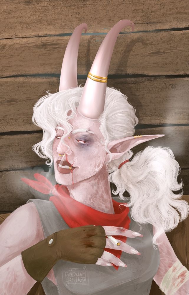 A female albino tiefling sits smoking a cigarette sporting a black eye, a split lip and bloody knuckles. She has horns that go straight up and curl back slightly at the tip and curly white hair in a ponytail. She’s wearing a grey tank top and a red bandana around her neck