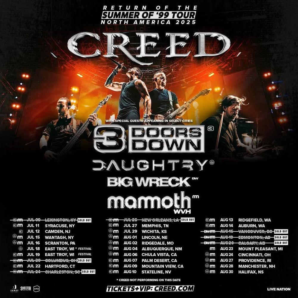 Promo graphic for a "Return of the summer of '99" tour of North America 2025, featuring the bands Creed, 3 Doors Down, Daughtry, Big Wreck, and Mammoth WVH, with a list of dates and cities at the bottom