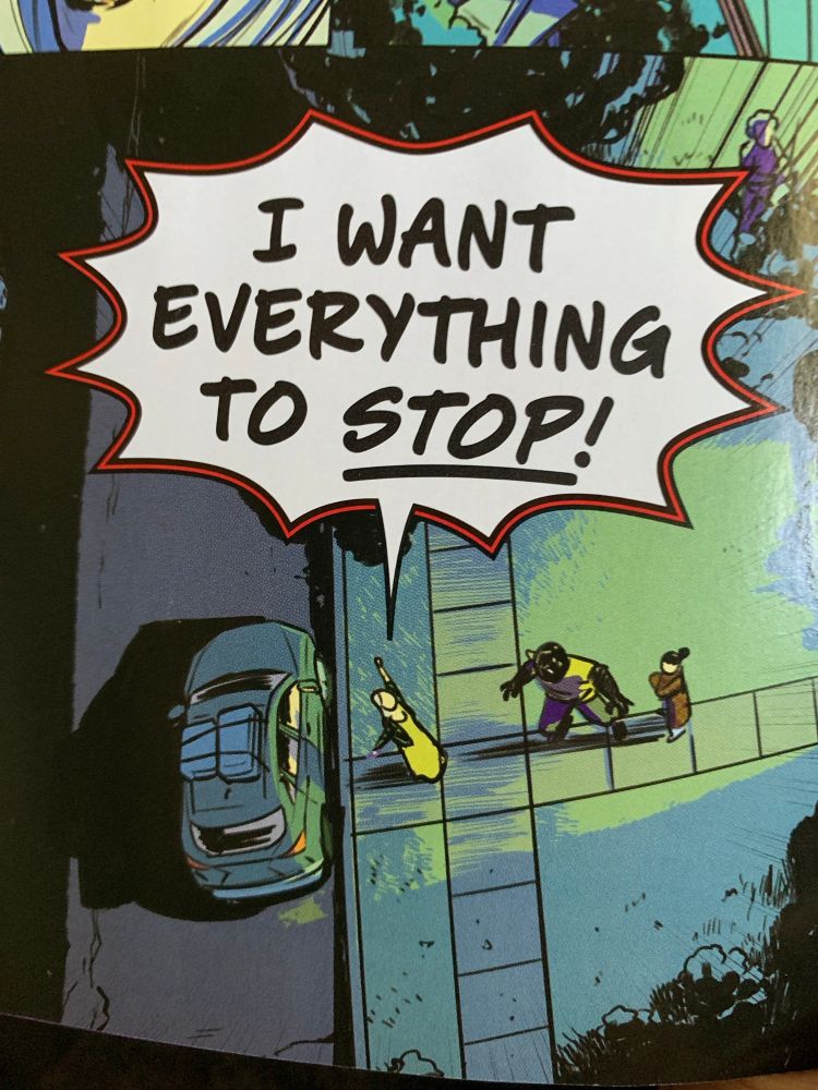 Overhead shot of a street at night. there's a car with one woman reaching towards it and another woman standing a few feet away with her large demon son. The giant speech bubble says "I WANT EVERYTHING TO STOP!"