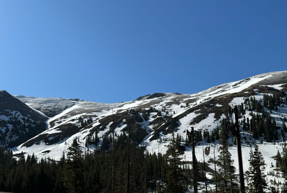 Unmelted snowfields and a fresh coating of snow from the previous night’s storm cover barren alpine ridges above I-70 east of the Eisenhower Tunnel. In the foreground are dark trees and some that don’t naturally belong. 