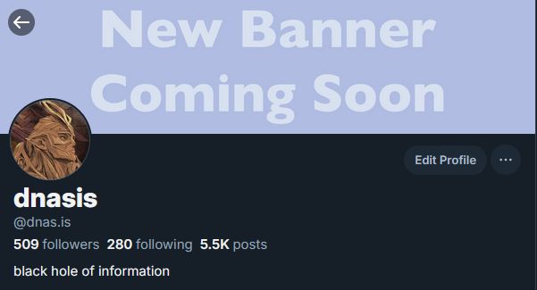 Screenshot of my profile bio, with the banner replaced with a light purple image that simply states "New Banner Coming Soon".