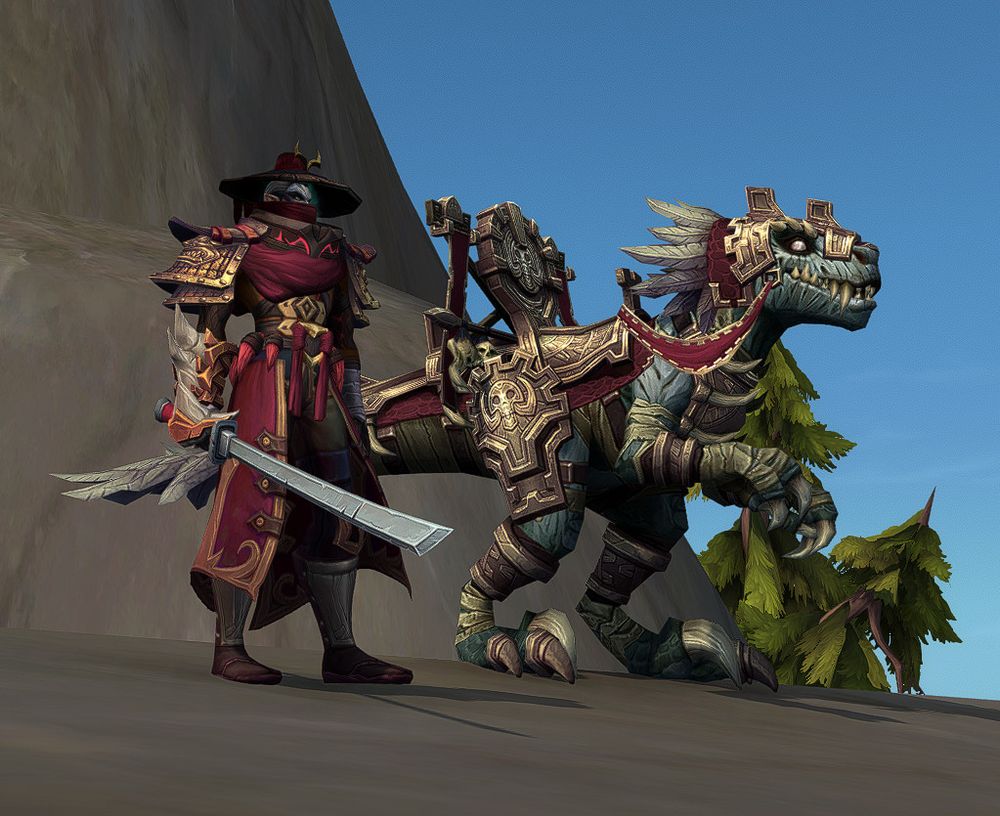 world of warcraft screenshot. a dracthyr survival hunter and his pet raptor are surveying from a hillside. the hunter is in his visage form. he wears a red/gold transmog evoking a samurai/ronin theme, heavily armored as well as masked. his raptor pet is mummified and wearing ornate armor and a saddle.