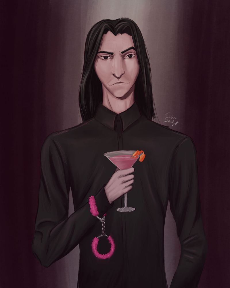 Severus Snape looks annoyed, while holding a glass of Cosmopolitan in his hand, with a pink, fluffy handcuff dangling from his wrist. 