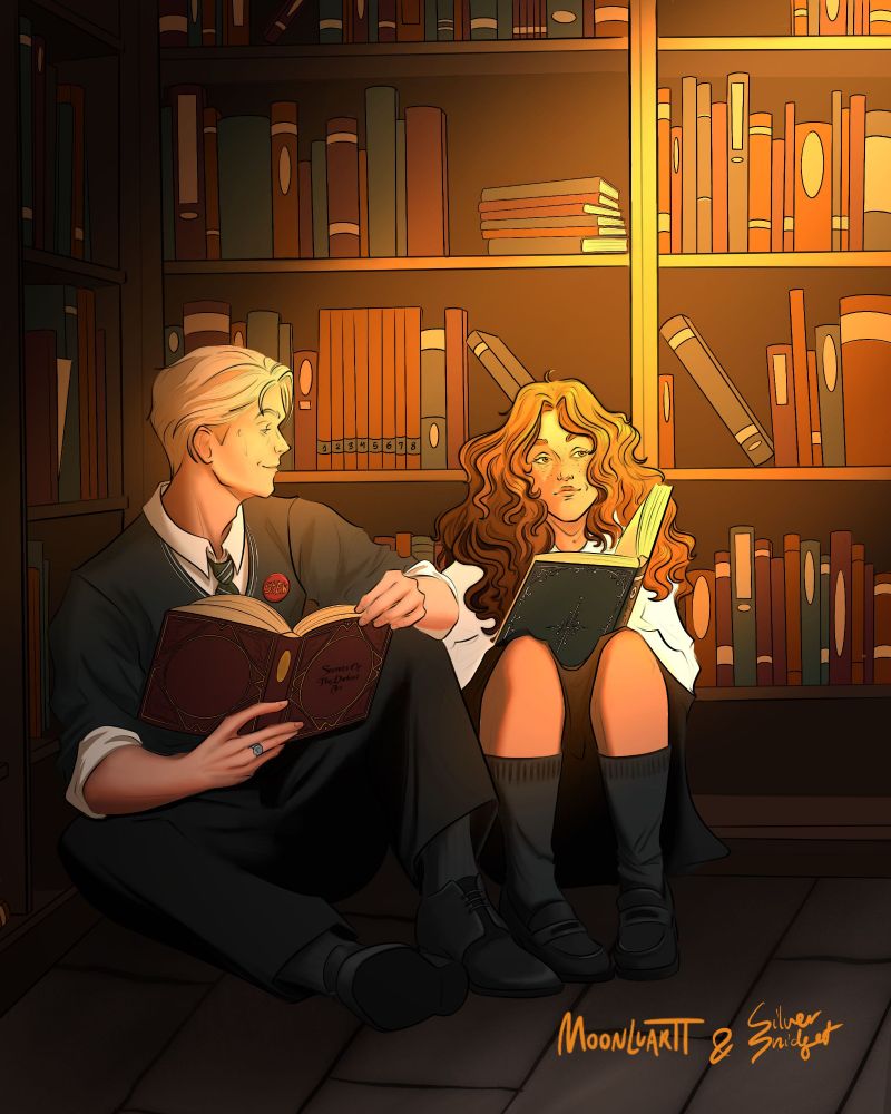 Hermione Granger and Draco Malfoy are sitting on the library floor, reading together. But Draco is too distracted by Hermione to look at is book. This boy is in love.