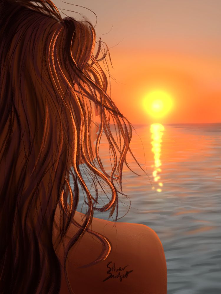 Hermione is watching the setting sun at the sea.