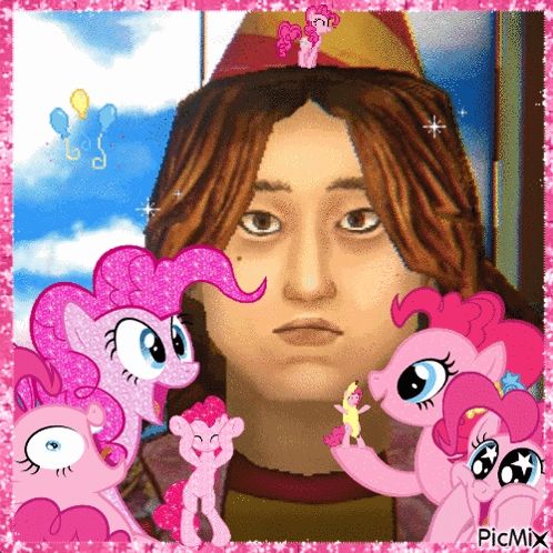 a picture of a man surrounded by pink ponies with picmix written at the bottom