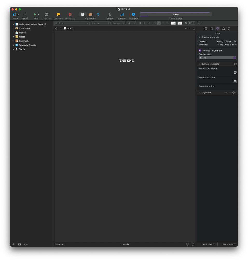 A screenshot of a Scrivener document entitled “LH13 v1”. The central pane simply has the words "THE END” typed near the top in white against a dark grey background.