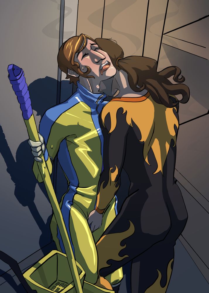 Flambae and Waterboy from Dispatch in the water closet, flambae is groping water boy who is moaning. there is steam coming from Flambae