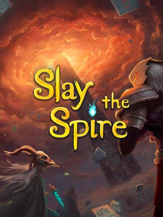 Key art de Slay the spire, dans le fond un nuage rouge digne d'une tempête avec une tour au milieu. Au premier plan deux des protagonistes vu de dos. Le titre est écrit au milieu en jaune