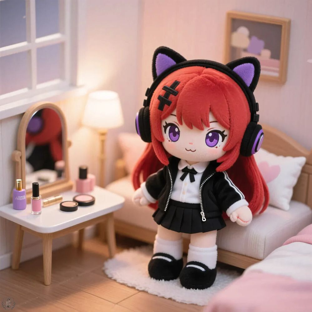 A detailed, soft-focus shot of a cute anime-style plush doll standing in a miniature bedroom. The doll has vibrant red hair, large purple eyes, and is wearing black cat-ear headphones with a purple interior. Her outfit consists of a black jacket over a white collared shirt with a black bow, a black pleated skirt, and white socks with black shoes. She stands on a small white rug in a cozy, warmly lit room with pinkish-white walls. To her left is a miniature vanity table with tiny cosmetics like nail polish and powder. In the background, a small bed with a pink and white heart-shaped pillow and a comfortable-looking chair are visible, enhancing the dollhouse aesthetic. The overall mood is calm, sweet, and meticulously detailed, evoking a sense of gentle hobbies and personal space. Key Concepts: - Primary Theme: Anime Plush Doll, Miniature World, Dollhouse Aesthetics - Emotional Tone: Calm, Cozy, Sweet, Content, Gentle - Artistic Style: Soft Lighting, High Detail, Miniature Photography, Japanese 