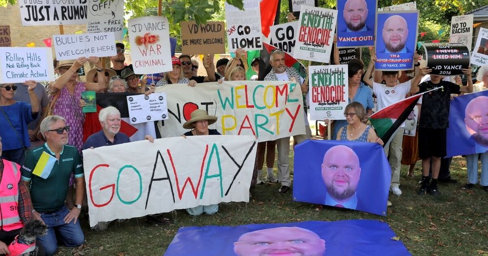 Around 50 protestors gathered in the Cotswolds to tell US Vice President JD Vance he was 'not welcome' in the area - with security around the idyllic hamlet of Dean ramped up.