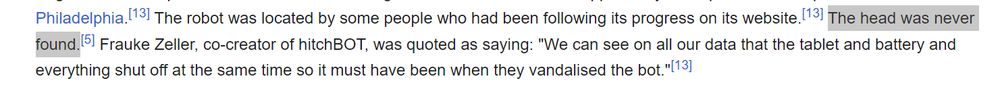screenshot from wikipedia hitchbot article explaining that the head was never found