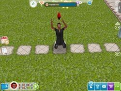 the sim com todos os indicadores no vermelho ajoelhado no chão com as mãos erguidas acima da cabeça 