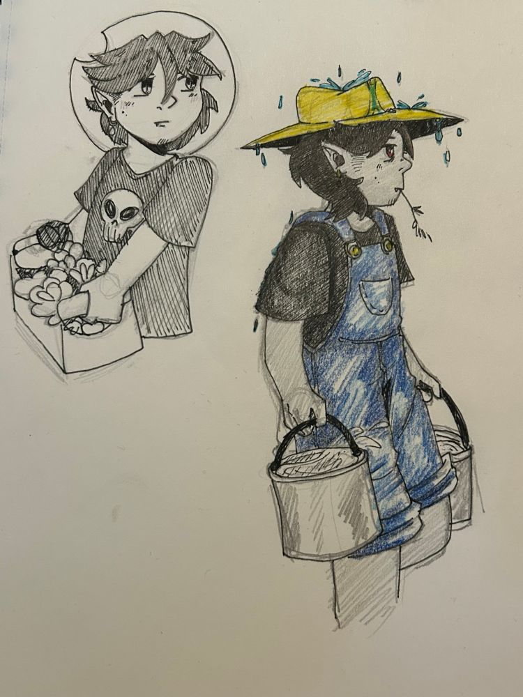 Sketches of my farmer vampire Mortimer. One of him carrying a box of produce, and one of him carrying full buckets of milk in the rain.