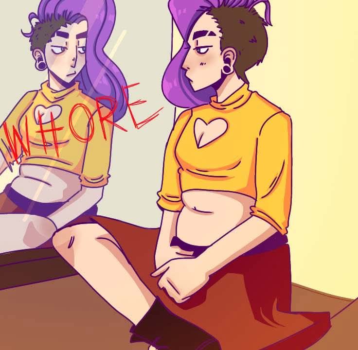 A drawing of my oc Valerie in the same pose of the man. She looks serious in the mirror, where «whore» is written in red.