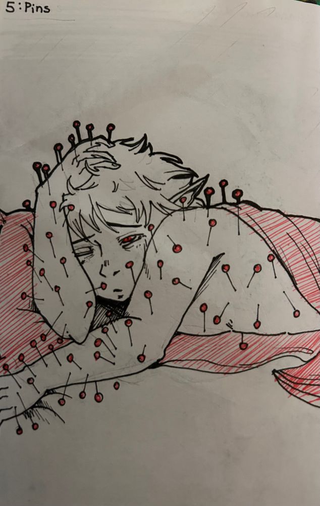 Day 5 of goretober: pins. An elf is lying in bed, partially covered by a red blanket. The elf is covered in red pins. Its face has a weary, pained expression.