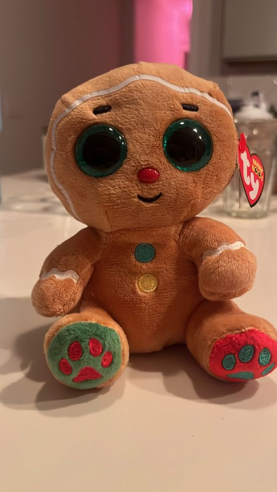 An adorable gingerbread plushie whose name is Nutmeg! He has green and red accents!
