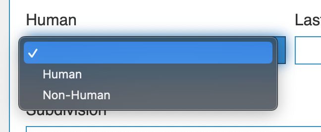 A dropdown list of two options: human or non-human