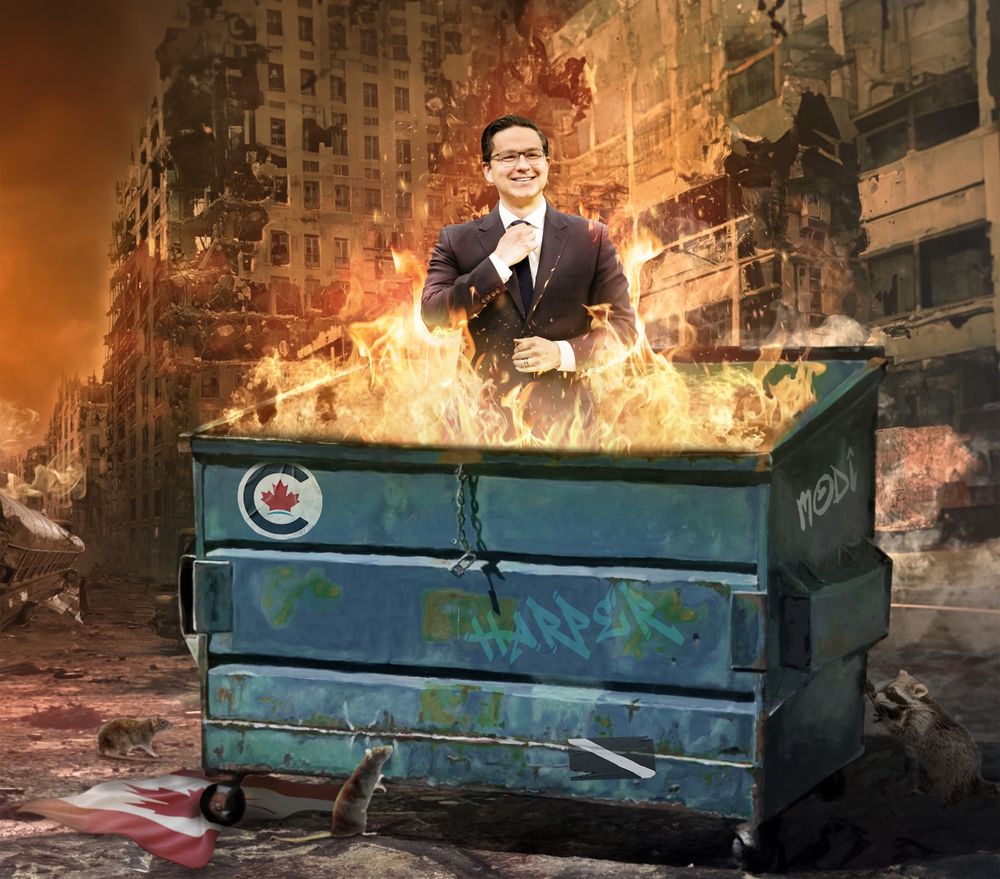 Pierre Poilievre standing in a flaming dumpster
