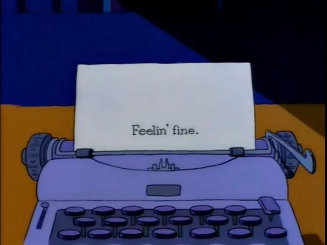 cartoon image of a typewriter that says Feelin' Fine