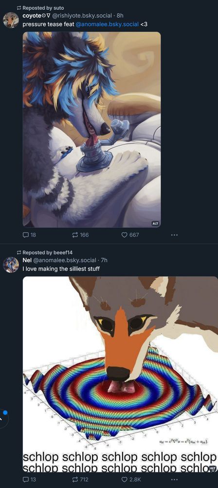two posts, one right after the other, on my Bluesky following timeline: the first one shows an illustration of someone's furry OC sloppily licking a pool toy nozzle, and the second one is a drawing of a coyote licking the surface of a rippling mathematical 3d equation as if to drink it