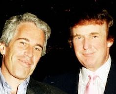 A picture of two men: on the left with gray hair is Jeffrey Epstein, with an unsettling gaze that’s creepy AF. On the right, a man with a pudgy face, a sneer pulling up to your right, wild eyebrows, a cold and calculated stare peering back at you. Holding it all down are bangs cut at mid-forehead that look odd. Hair appears reddish against very pale skin. 