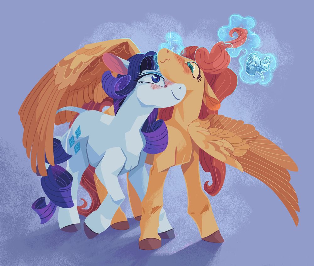 A painting of the characters Rarity and Fluttershy from My Little Pony: Friendship is Magic. Rarity nuzzles up to Fluttershy, using her magic to levitate a large butterfly hair clip and manipulate Fluttershy's hair.