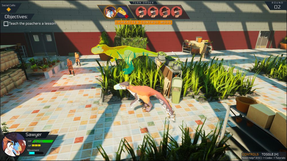 Another in-game screenshot, again in combat. Daisy, a yellow and green megalosaurid with orange accents, and Sawyer are inside of a greenhouse filled with tall grasses, potted plants, and packed warehouse shelves. There are two poachers in orange uniforms in front of them. An objective in the top left reads: "Teach the poachers a lesson!".