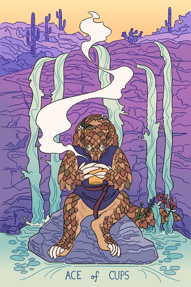 A tarot card style illustration. An anthro pangolin holds a mug up to his face, from which a tall wisp of steam floats upwards. He's sitting at the base of a desert waterfall. He wears gold-rimmed, diamond shaped glasses, along with an indigo tunic and leather belt. Flowers adorn his scales. The text "Ace of Cups" is at the bottom of the image.
