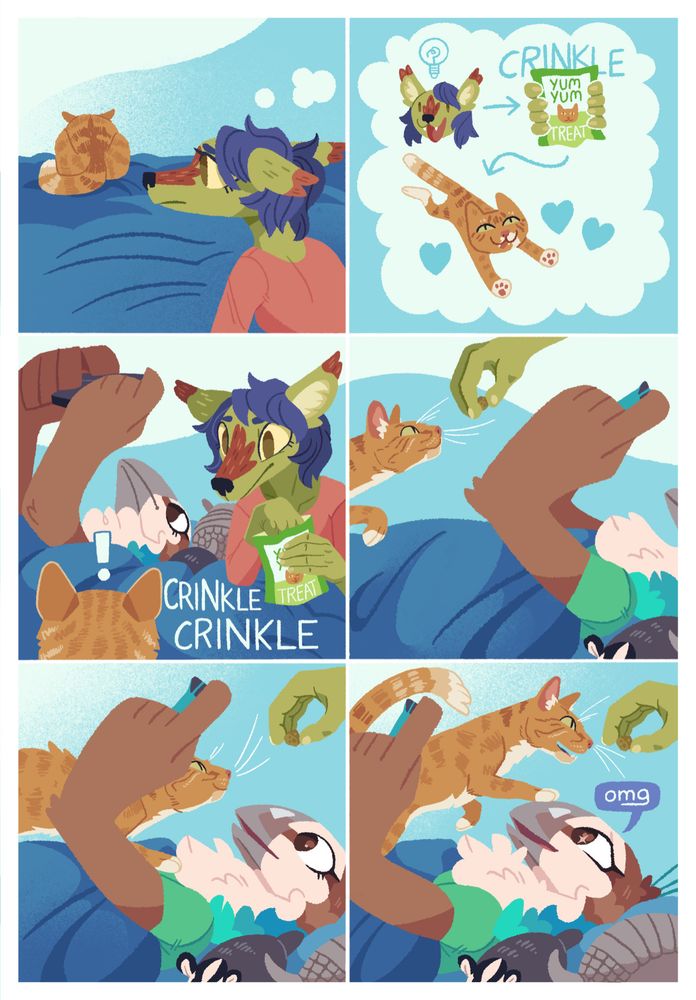Panel 1: Sheyote in bed, looking forlornly at the orange butt of Bishop, sat far away from her. A thought bubble leads into the next panel:

Panel 2: Sheyote concocts a plan to shake a bag of cat treats (labelled "YUM YUM TREAT"), in order to bring Bishop bounding over to her.

Panel 3: Sheyote crinkles the treat bag and Bishop's attention is indicated with a large exclamation mark over his head. Peahen is revealed beside Sheyote, flat on her back and holding a Switch up above her face.

Panel 4: Sheyote holds a treat above Peahen, leading Bishop up on to Peahen's stomach-

Panel 5: -then all the way up to Peahen's chest, ducking under the upheld Switch-

Panel 6: -finally ending with Bishop standing up on one foot on Peahen's beak. Peahen's eye shimmers with adoration as she says "omg".