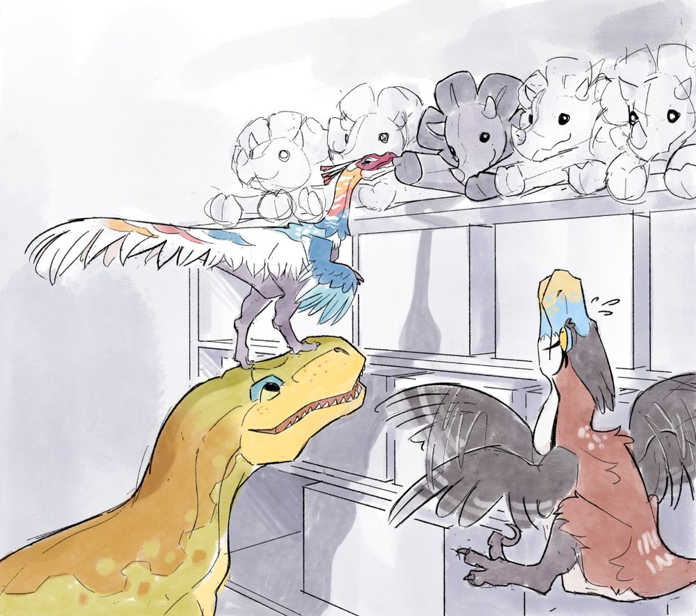 A colorful ornithomimid stands on the snout of a much larger yellow-green and orange megalosaurid, reaching up to the top of a warehouse shelf to grab a plush ceratopsian. In the foreground, a dromaeosaurid struggles and fails to jump to reach the same plushies.