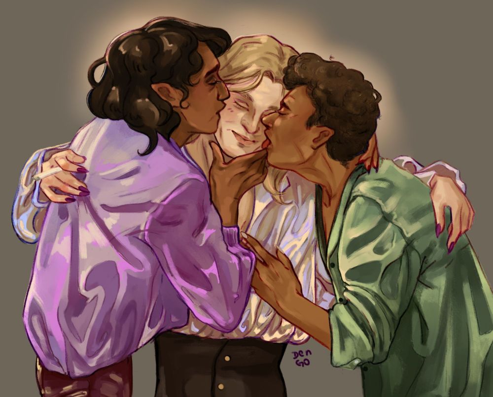 Colorful drawing of Louis and Armand hugging and kissing Lestat
