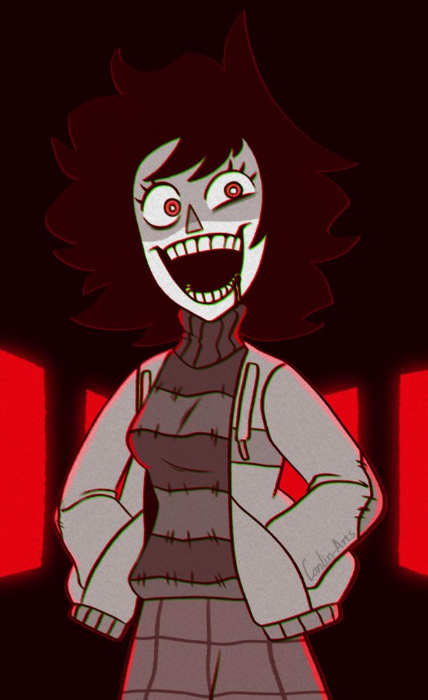 Eleanor the villain from the indie video game Subway Midnight, she has a scary open smile, some black liquid leaking a bit from it, her hands are in the pockets of her gray jacket, she also has a skirt with a grid pattern and a striped sweather.
Behind her is black with the windows of the subway car being bright red.