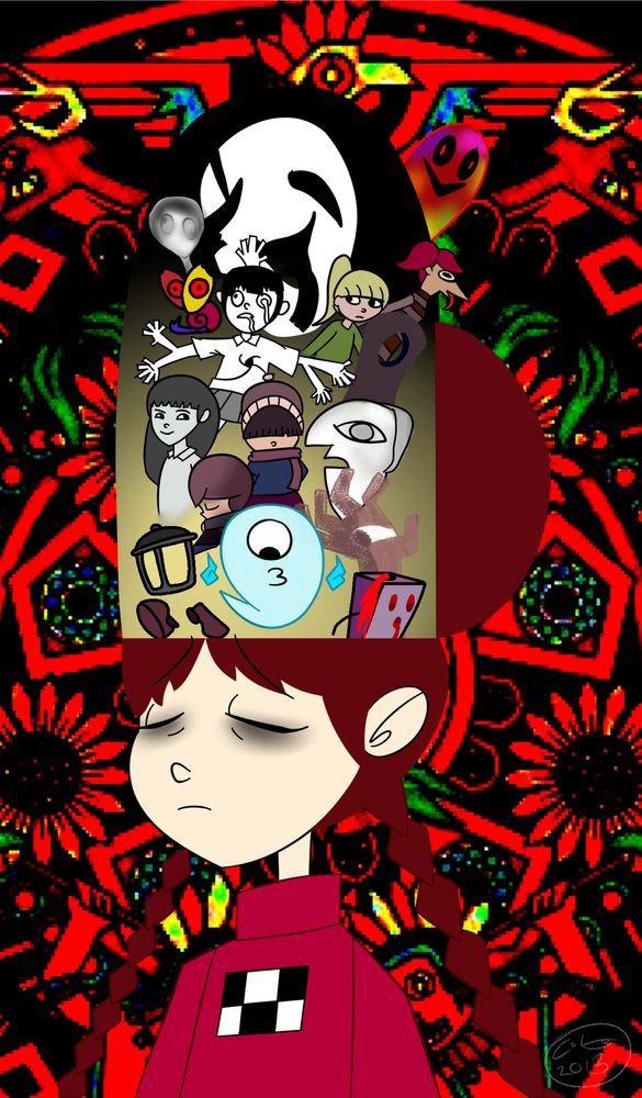 Madotsuki from the game Yume Nikki with the top of her head open, other characters from the game coming out of it, Madotsuki has reddish-brown hair in two thin braids, her eyes are closed and she has a pink sweater with a rectangle with a six square checkerboard pattern, from her head you see some specific characters like Momoko and Monoe, Poniko and a Toriningen (girl with a bird like face) with the creepy Uboa looming behind them, made in 2013.