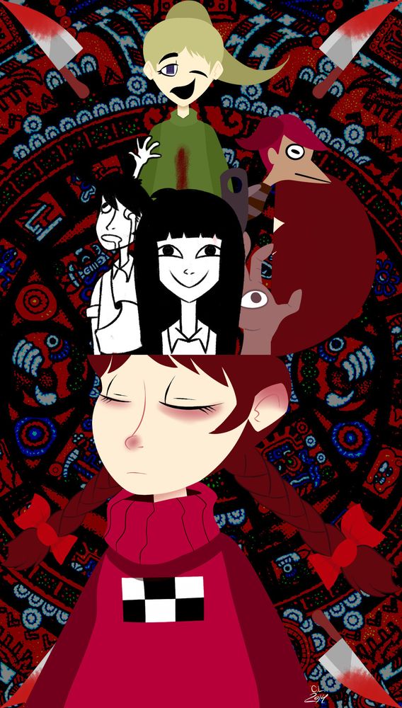 Madotsuki from the game Yume Nikki with the top of her head open, other characters from the game coming out of it, Madotsuki has reddish-brown hair in two braids, her eyes are closed and she has a pink sweater with a rectangle with a six square checkerboard pattern, from her head you see some specific characters like Momoko and Monoe, a Toriningen (girl with a bird like face) and on top you see Poniko with her face looking a bit like Uboa, in the corners of the image you see bloody knives, made in 2014.