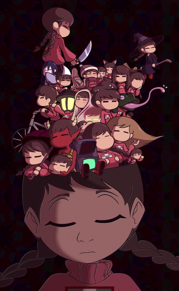 Madotsuki from the game Yume Nikki with the top of her head open, popping out of her head is many versions of herself using the different effects you collect in the game.
Madotsuki has reddish-brown hair in two braids, her eyes are closed and she has a pink sweater with a rectangle with a six square checkerboard pattern. 
Coming from her head you see her as a Japanese Oni, as just a head, as a Stoplight, with blonde long hair, with a parasol, tiny, chubby, as a frog, with what appears to be poop as her hair, without a face, glowing neon, almost like jelly, in a blanket, lamp for a head, with a bike, a hand as her head with an eye in the palm, with a beanie and scarf, with cat ears, with long brown hair, as a Japanese snow ghost, as a regular Japanese ghost, with a flute, as a witch, and last but not least with a knife, made in 2018.